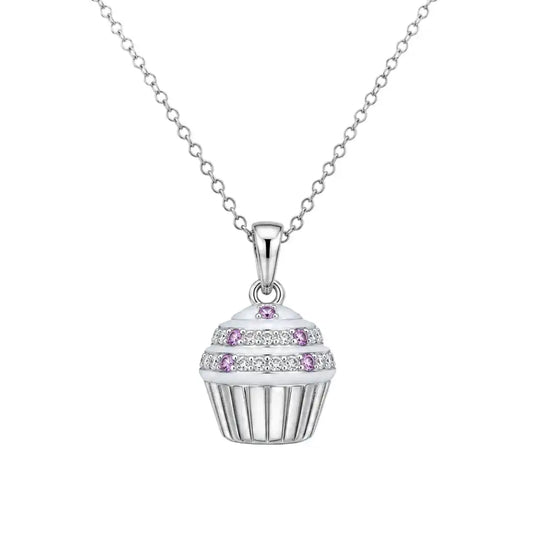 925 Sterling Silver Rhodium Plated Clear & Pink CZ Dainty Cupcake Pendant Necklace
