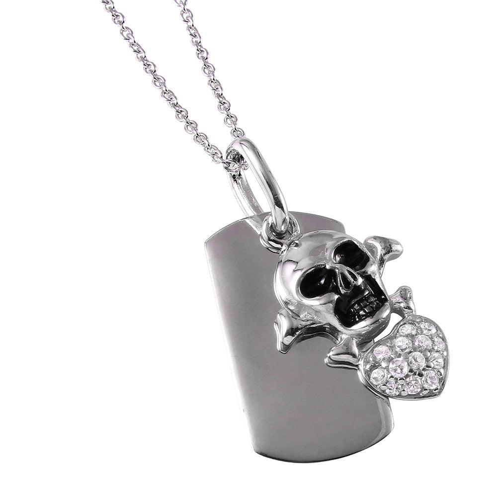 925 Silver Clearance-Rhodium Plated Skull Heart Tag Necklace