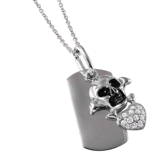 925 Silver Clearance-Rhodium Plated Skull Heart Tag Necklace