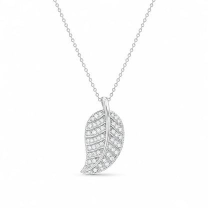 925 Sterling Silver Clearance-Rhodium PLated CZ Leaf Pendant Necklace