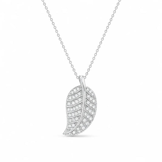 925 Sterling Silver Clearance-Rhodium PLated CZ Leaf Pendant Necklace