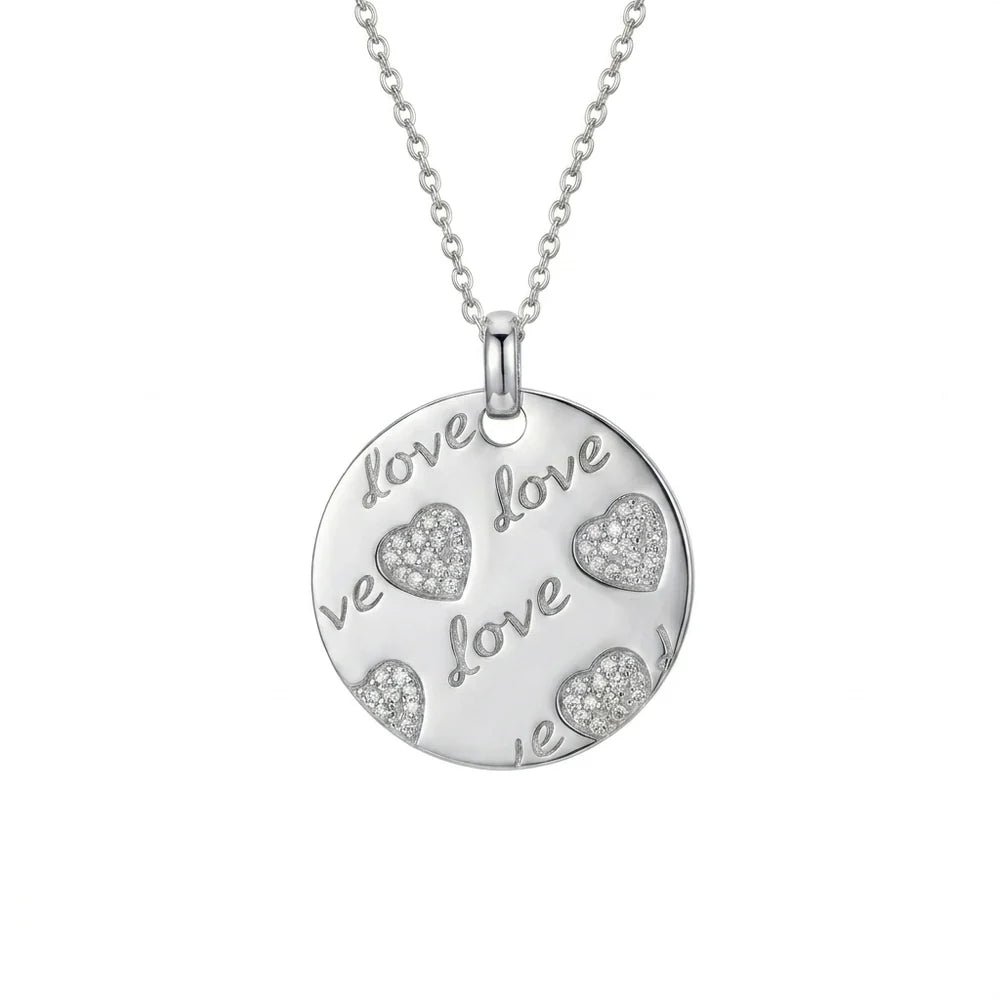 925 Sterling Silver Clearance-Rhodium Plated Love & Hearts Disc Pendant Necklace