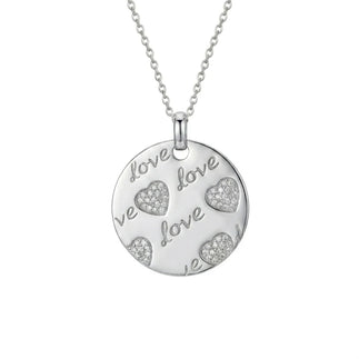 925 Sterling Silver Clearance-Rhodium Plated Love & Hearts Disc Pendant Necklace