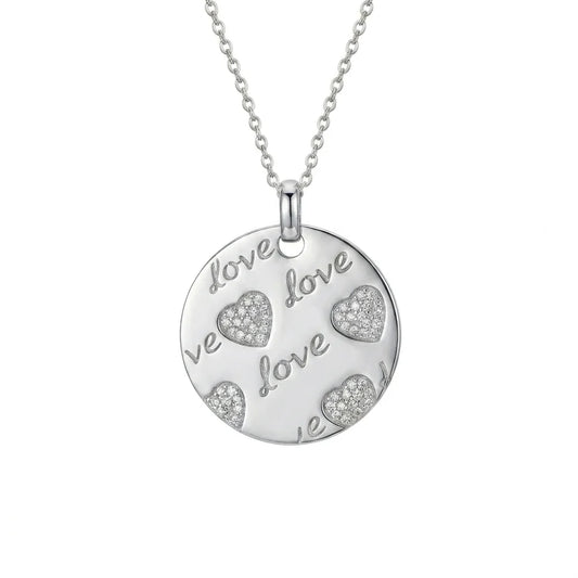 925 Sterling Silver Clearance-Rhodium Plated Love & Hearts Disc Pendant Necklace