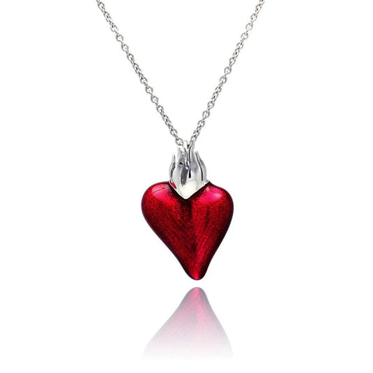 925 Sterling Silver Rhodium Plated Red Enamel Heart Necklace
