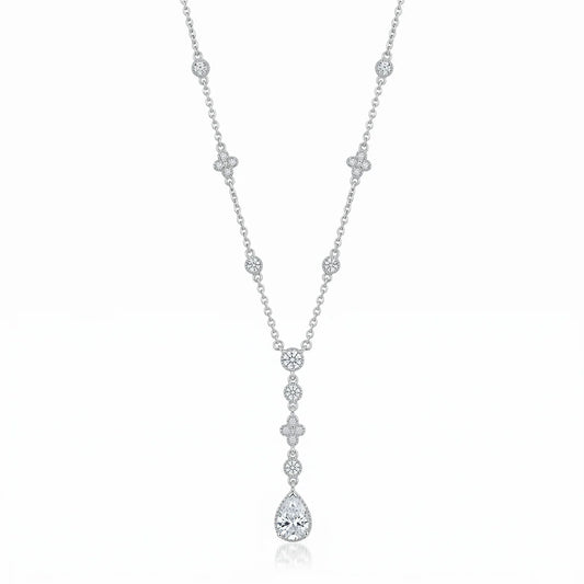 925 Sterling Silver Rhodium Plated Bezel & Teardrop Dangle Necklace