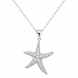 925 Sterling Silver Rhodium Plated Dainty CZ Starfish Pendant Necklace