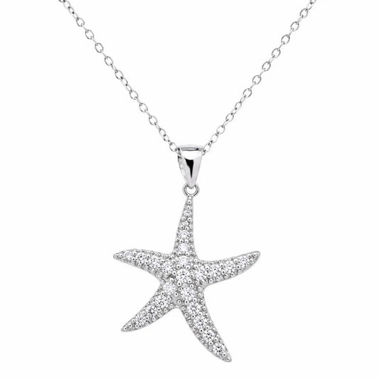925 Sterling Silver Rhodium Plated Dainty CZ Starfish Pendant Necklace