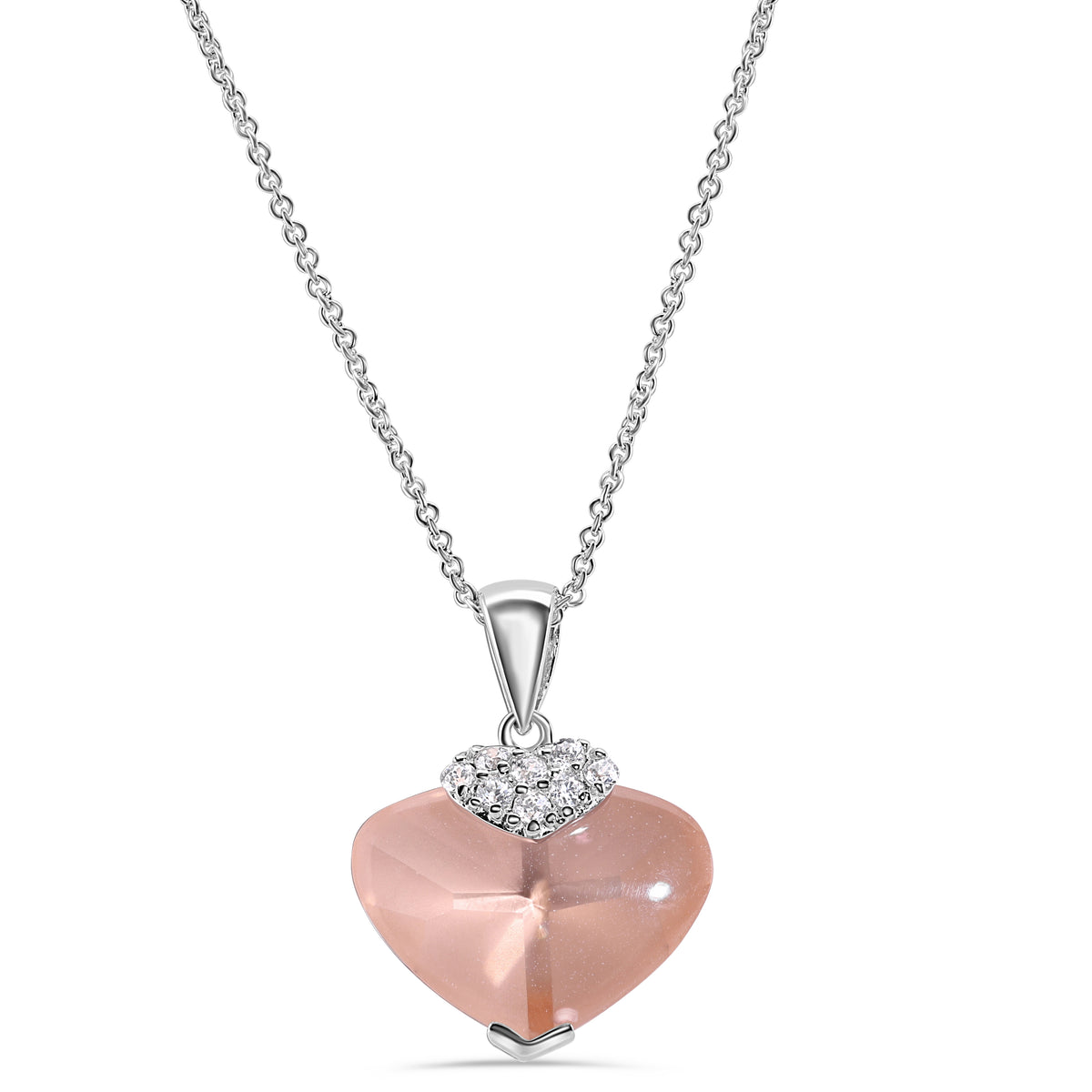 925 Silver Clearance-Rhodium Plated Champagne CZ Heart with Cross Pendant Necklace