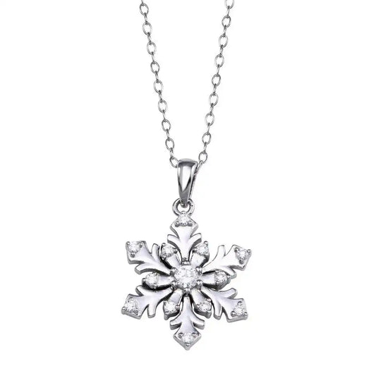 925 Sterling Silver Rhodium Plated Snow Flakes CZ Necklace