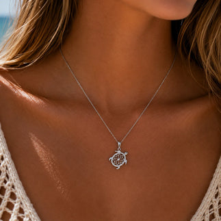 925 Sterling Silver Rhodium Plated Diamond Turtle Pendant Necklace