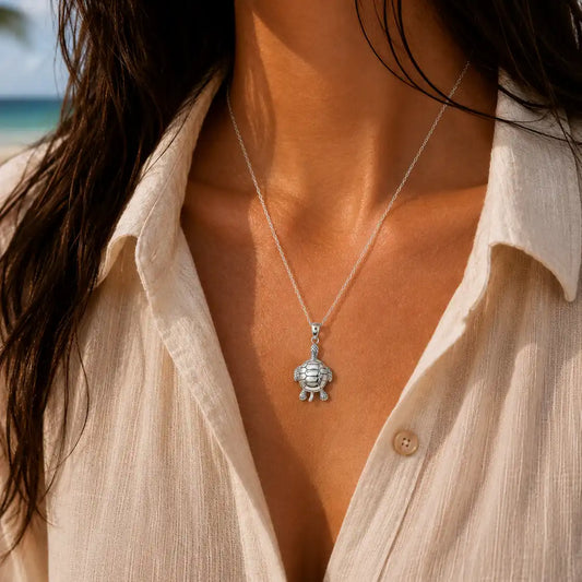 925 Sterlling Silver Rhodium Plated Plain Turtle Pendant Necklace