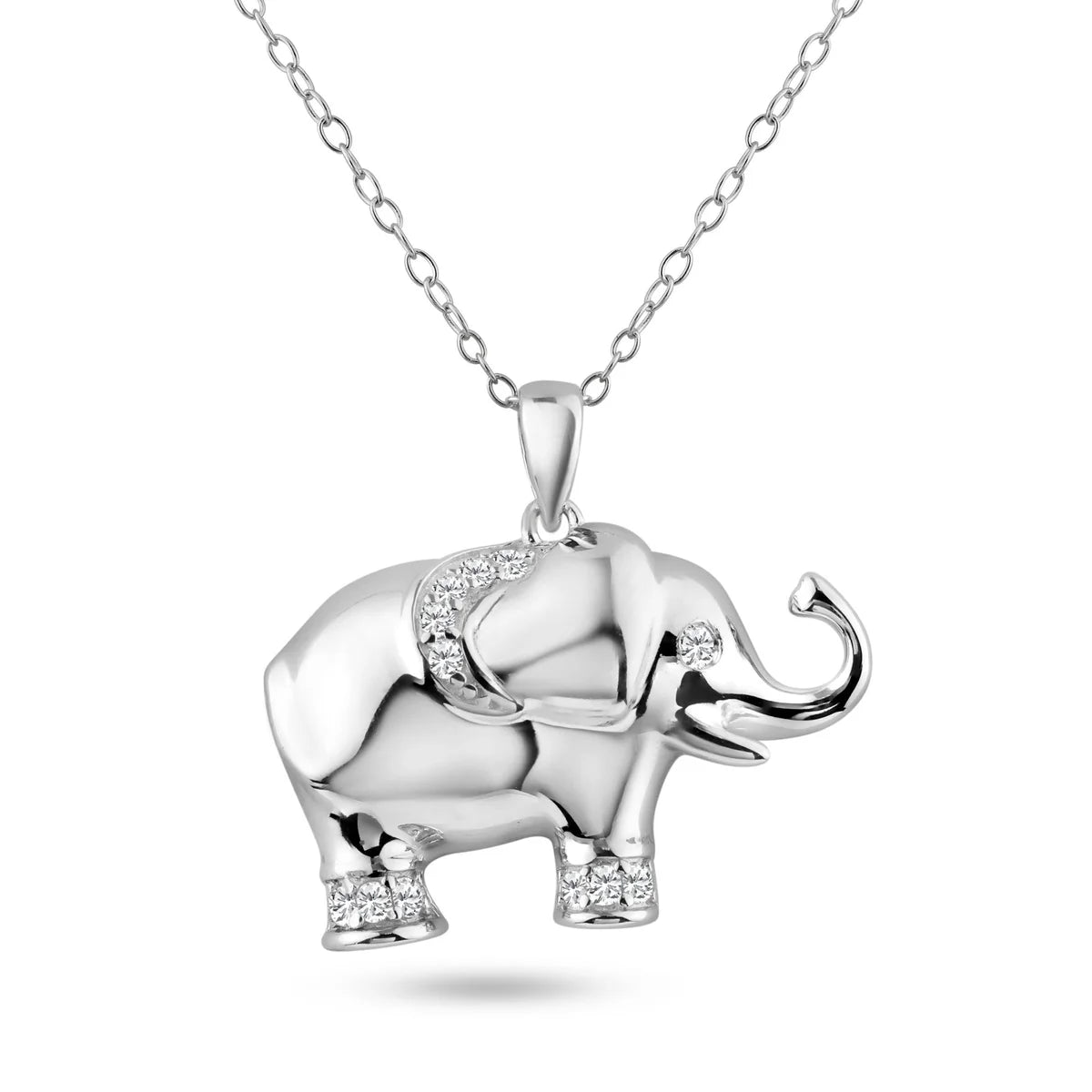 925 Silver Rhodium Plated Clear CZ Elephant Pendant Necklace
