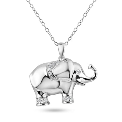 925 Silver Rhodium Plated Clear CZ Elephant Pendant Necklace