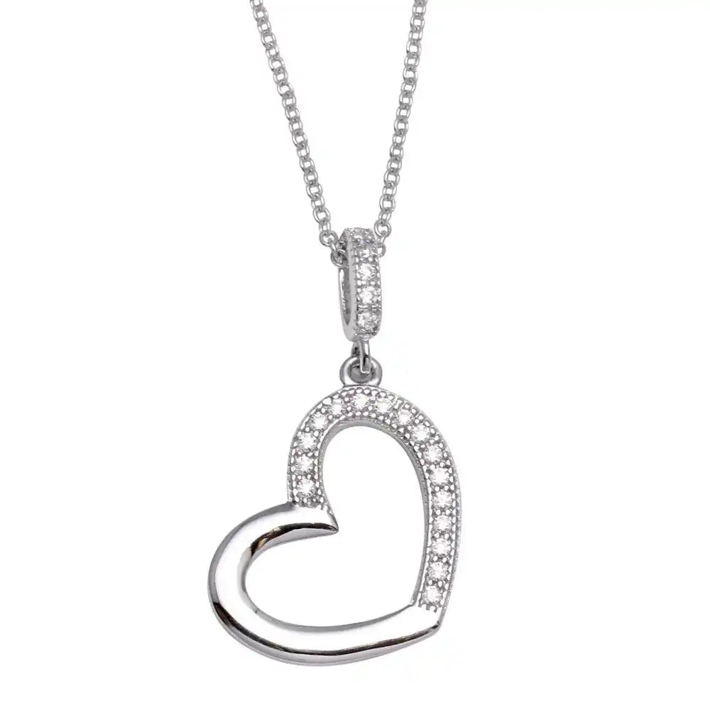925 Sterling Silver Rhodium Plated Open Heart Necklace with CZ