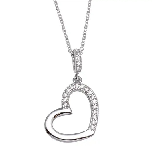 925 Sterling Silver Rhodium Plated Open Heart Necklace with CZ