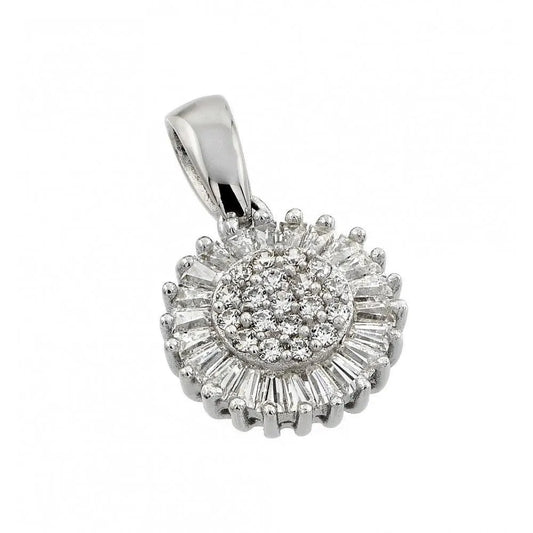 925 Sterling Silver Rhodium Plated Clear Cluster and Baguette CZ Flower Pendant Necklace