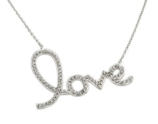 925 Sterling Silver Rhodium Plated Clear CZ Love Pendant Necklace