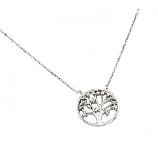 925 Sterling Silver Rhodium Plated Clear CZ Round Tree Pendant Necklace