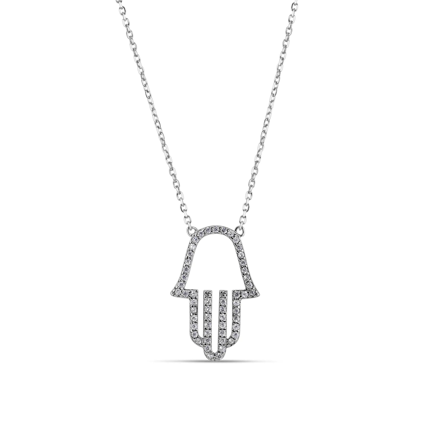 925 Sterling Silver Rhodium Plated Clear CZ Hamsa Pendant Necklace