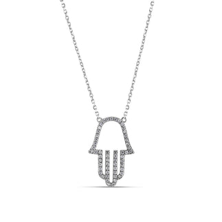 925 Sterling Silver Rhodium Plated Clear CZ Hamsa Pendant Necklace