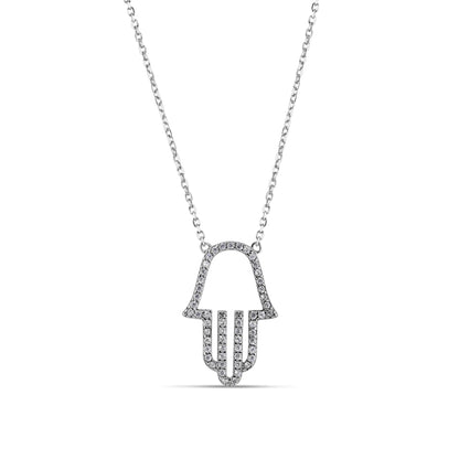 925 Sterling Silver Rhodium Plated Clear CZ Hamsa Pendant Necklace