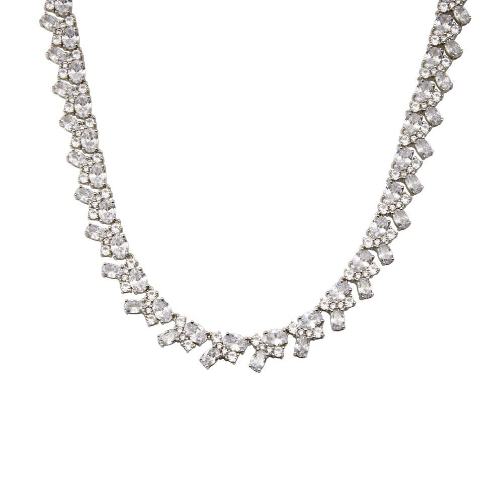 925 Sterling Silver Rhodium Plated Multi Shape Clear CZ Tennis Necklace