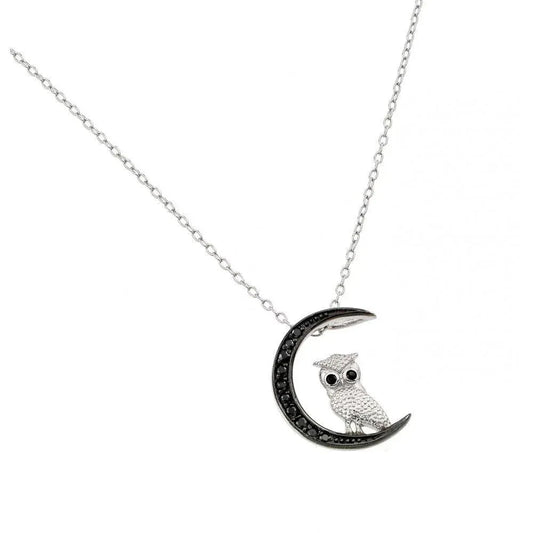 925 Sterling Silver Black Rhodium Plated Moon and Owl Pendant Necklace