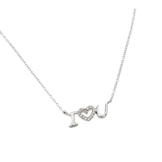 925 Silver Rhodium Plated Clear CZ "I Heart U" Pendant Necklace