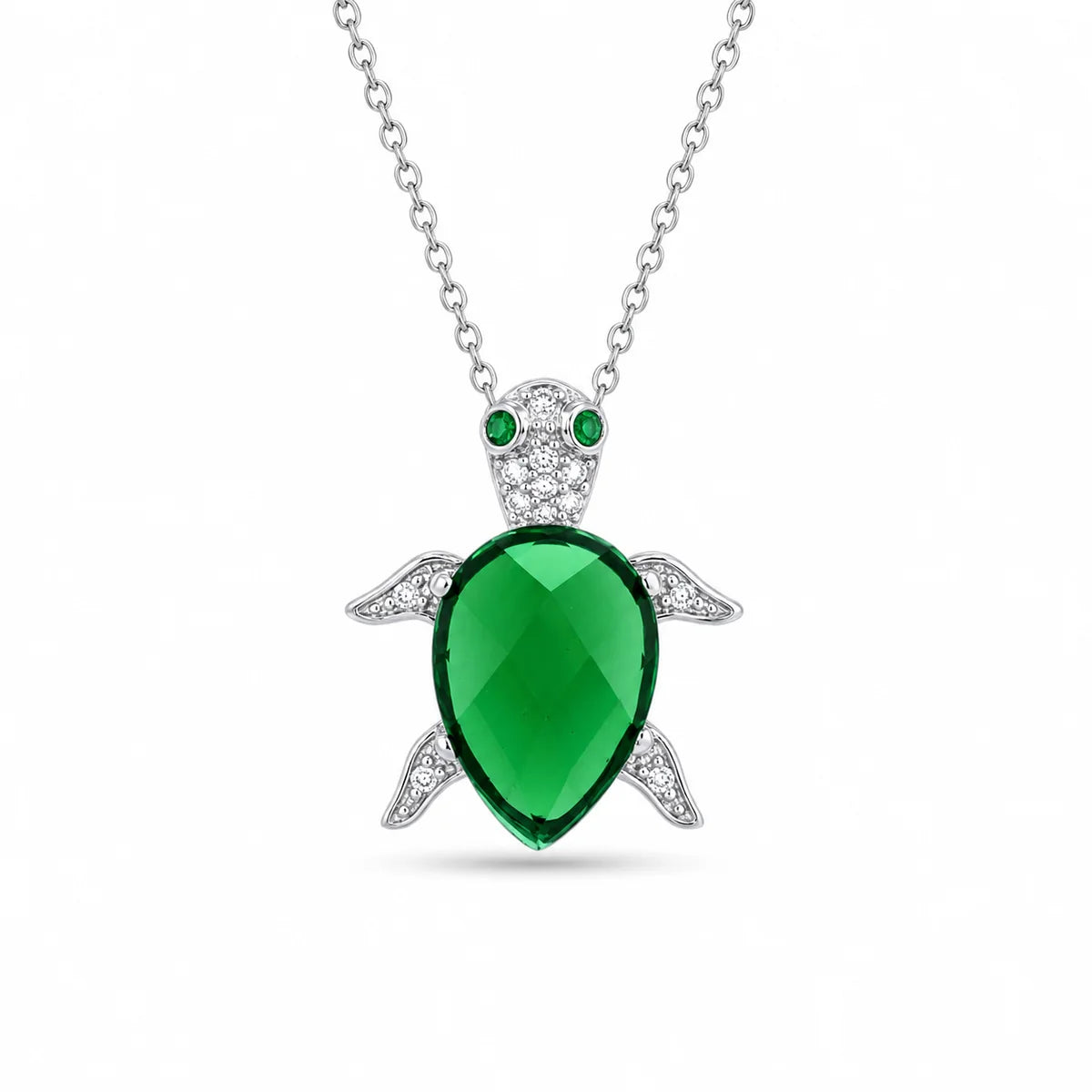 925 Sterling Silver Rhodium Plated Clear & Green CZ Turtle Pendant Necklace