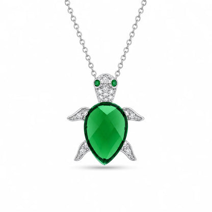 925 Sterling Silver Rhodium Plated Clear & Green CZ Turtle Pendant Necklace
