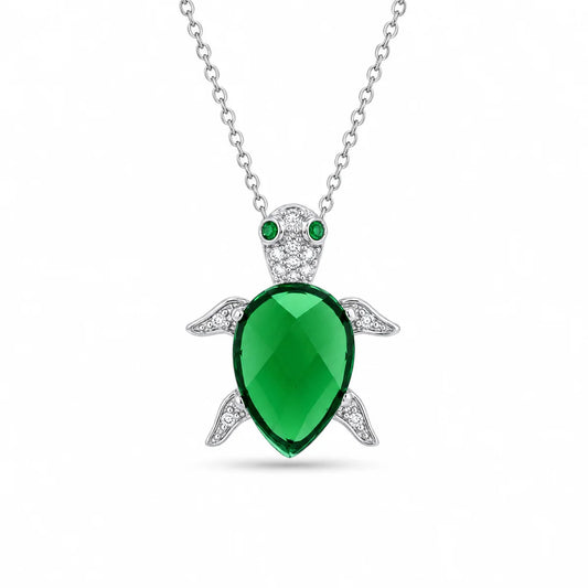 925 Sterling Silver Rhodium Plated Clear & Green CZ Turtle Pendant Necklace