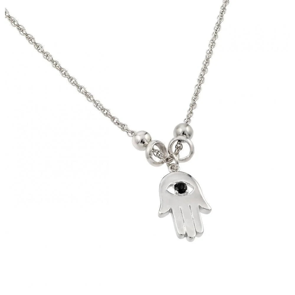 925 Silver Rhodium Plated Black CZ Evil Eye Hamsa Pendant Necklace