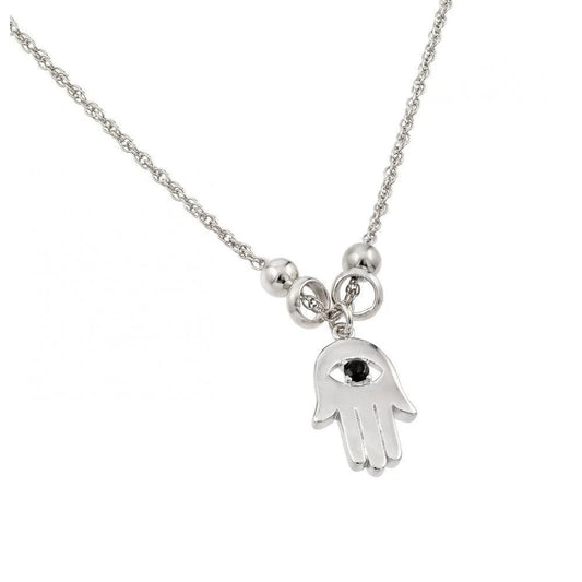 925 Silver Rhodium Plated Black CZ Evil Eye Hamsa Pendant Necklace