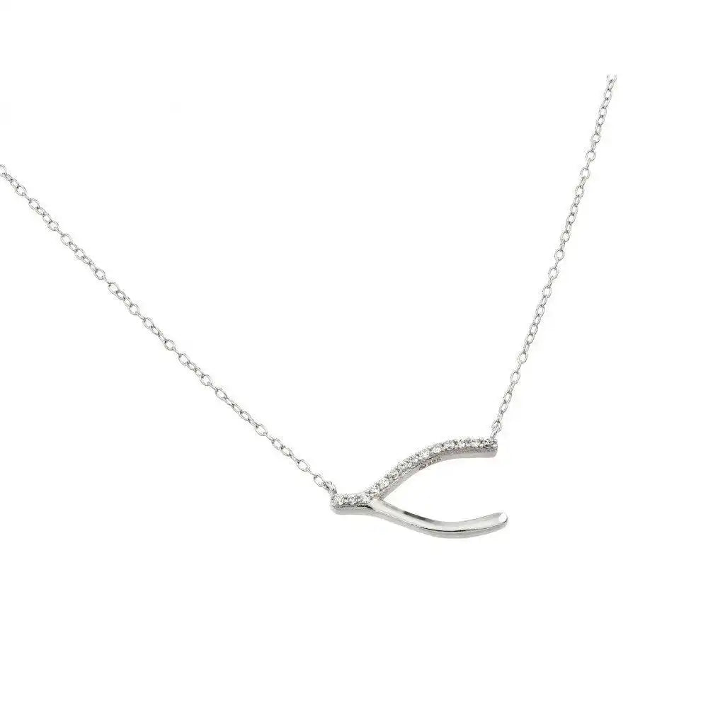 925 Sterling Silver Rhodium Plated Clear CZ Wishbone Pendant Necklace