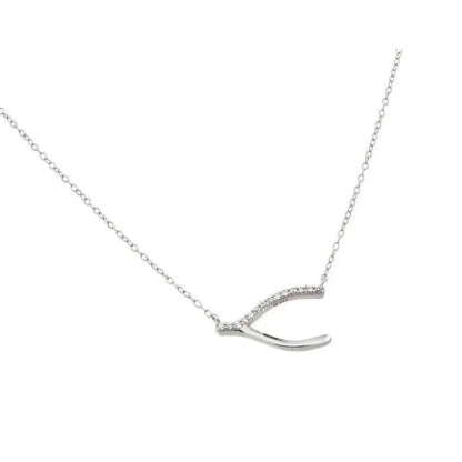925 Sterling Silver Rhodium Plated Clear CZ Wishbone Pendant Necklace