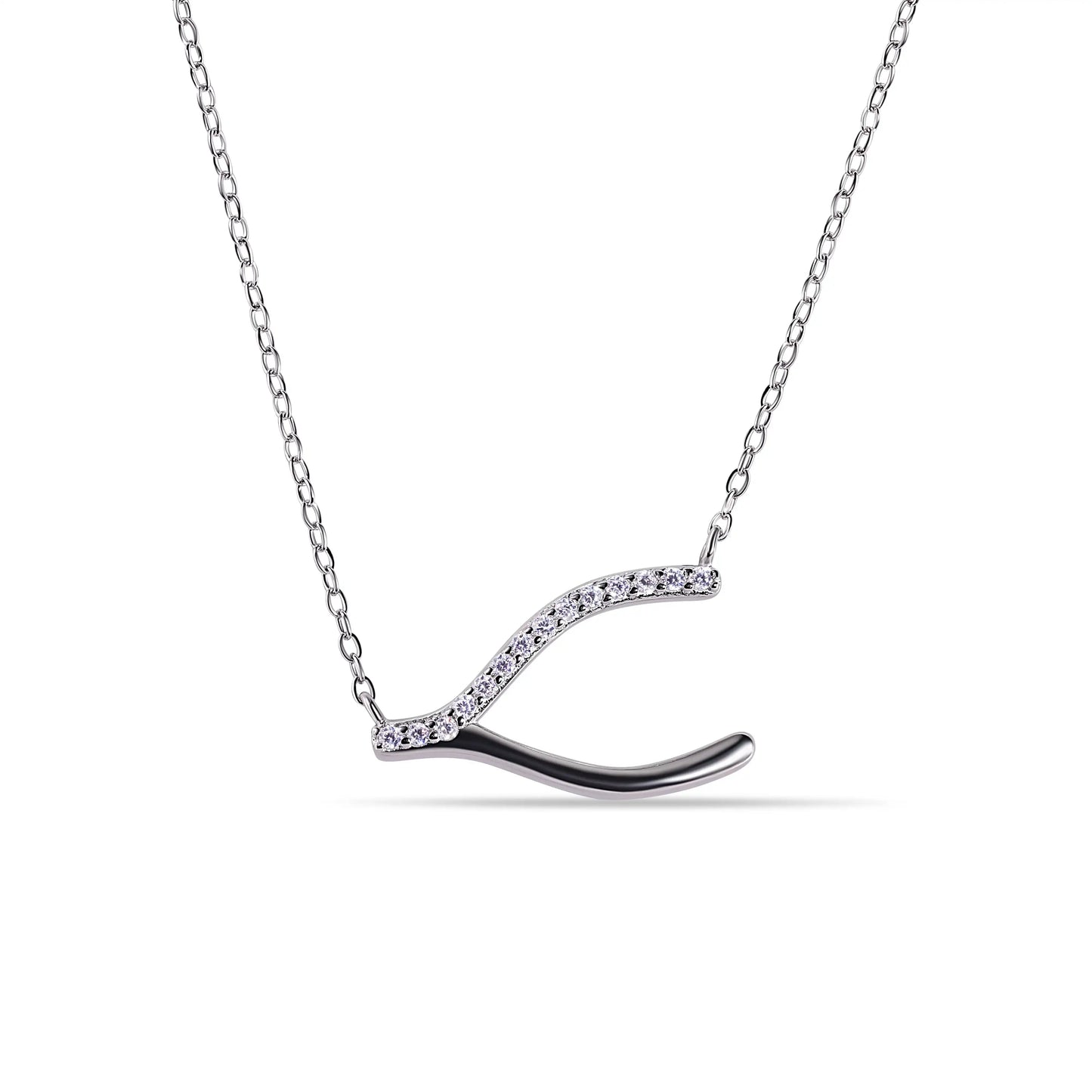 925 Sterling Silver Rhodium Plated Clear CZ Wishbone Pendant Necklace