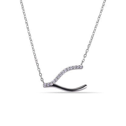 925 Sterling Silver Rhodium Plated Clear CZ Wishbone Pendant Necklace