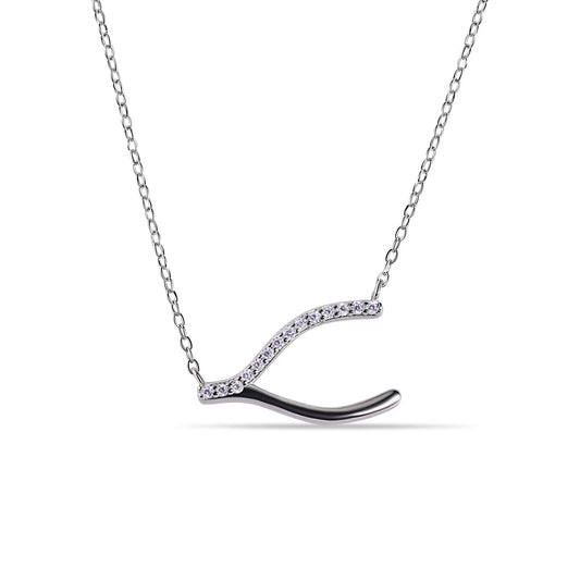 925 Sterling Silver Rhodium Plated Clear CZ Wishbone Pendant Necklace