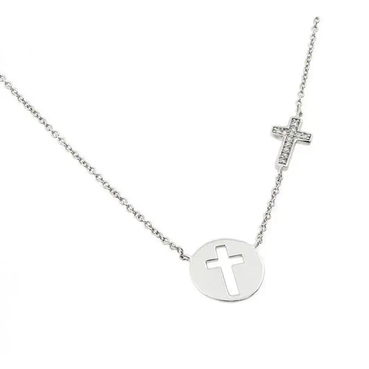 925 Sterling Silver Rhodium Plated Clear CZ Cross Cutout Pendant Necklace
