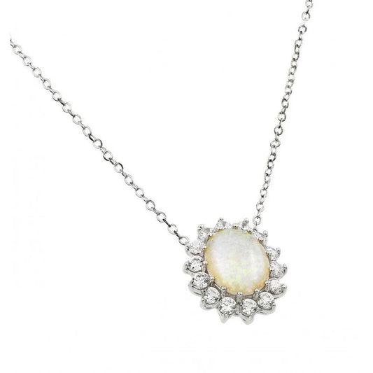 925 Sterling Silver Rhodium Plated Clear CZ Sunflower Oval Opal Cluster Pendant Necklace