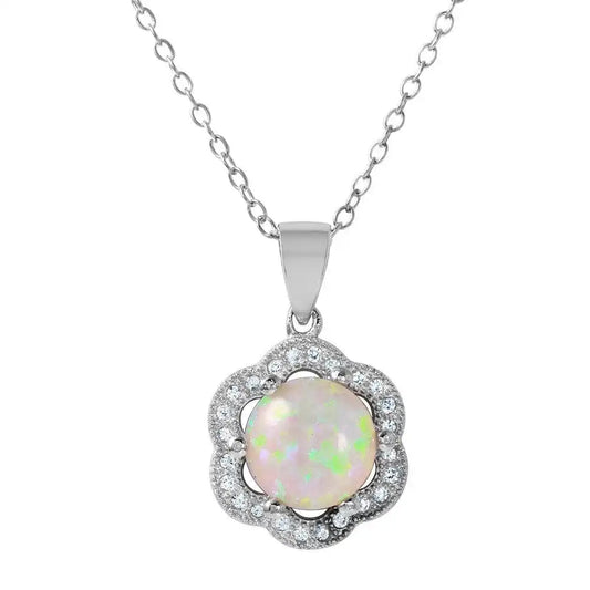 925 Sterling Silver Rhodium Plated CZ Accent Flower Shaped Pendant with Opal Center Stone