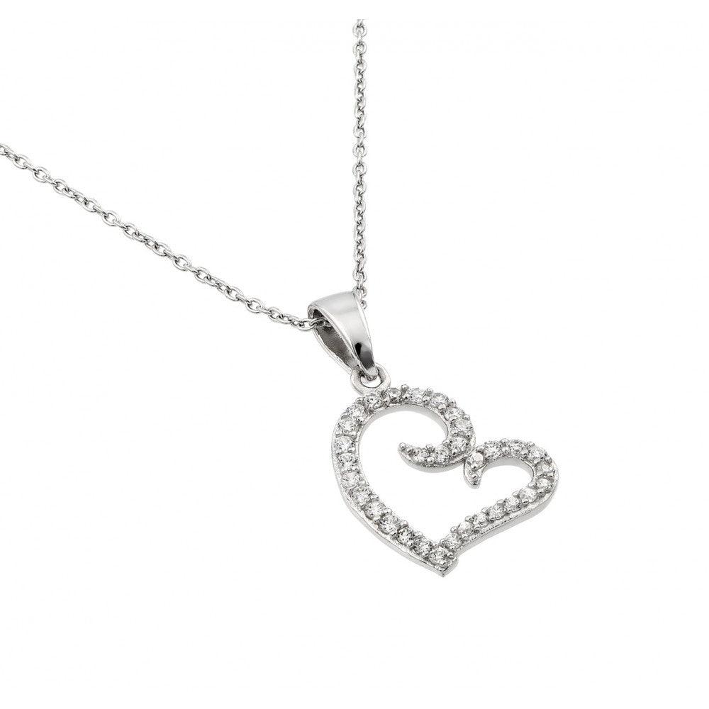 925 Silver Rhodium Plated Clear CZ Heart Pendant Necklace