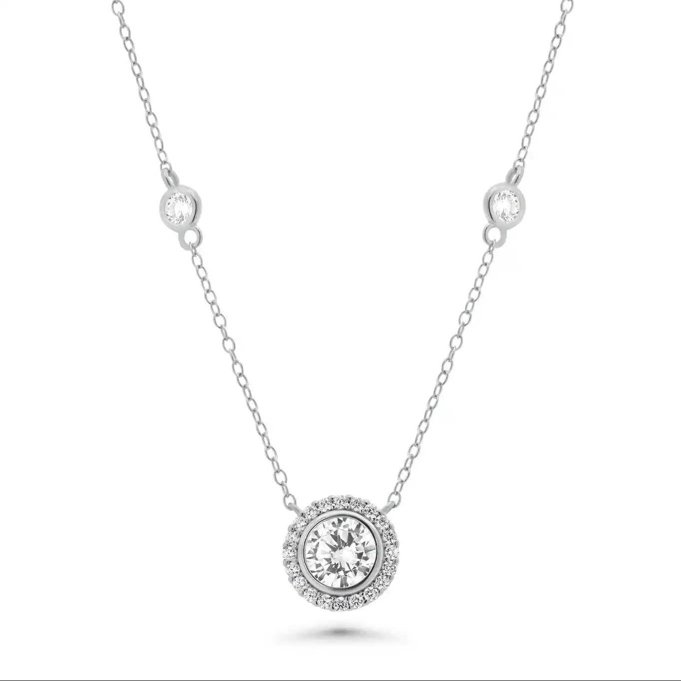 925 Sterling Silver Rhodium Plated Round Cluster CZ Pendant Necklace