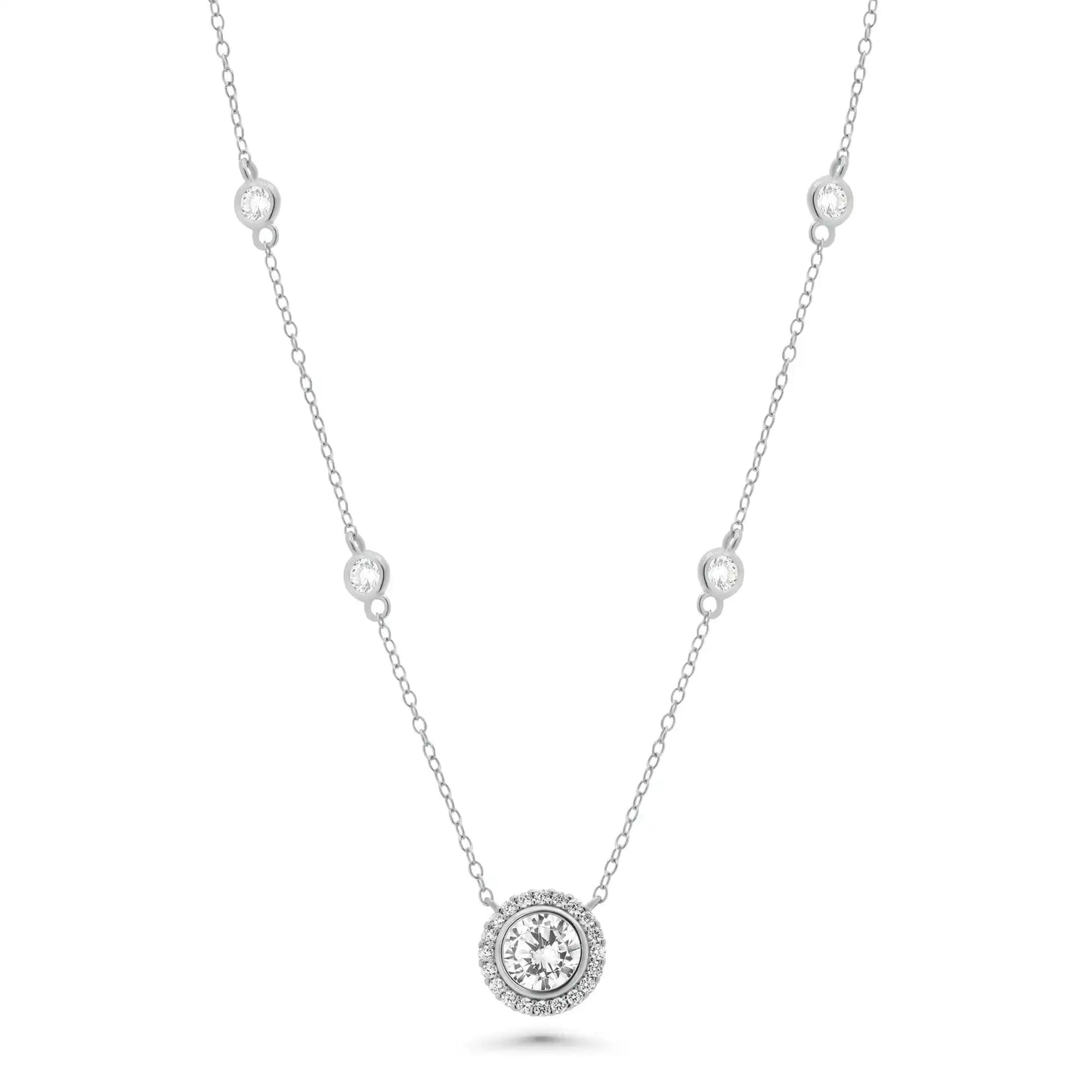 925 Sterling Silver Rhodium Plated Round Cluster CZ Pendant Necklace