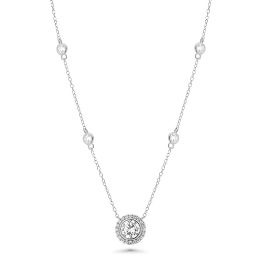 925 Sterling Silver Rhodium Plated Round Cluster CZ Pendant Necklace