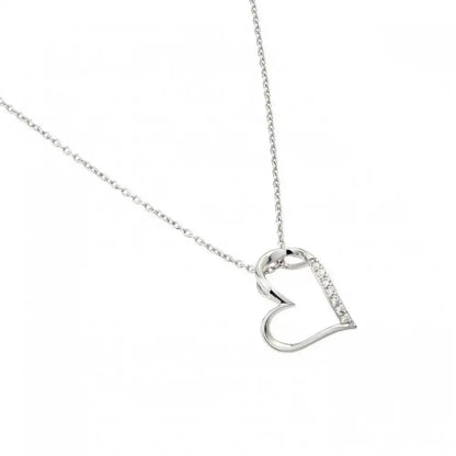 925 Sterling Silver Rhodium Plated Slanted Heart Pendant Necklace