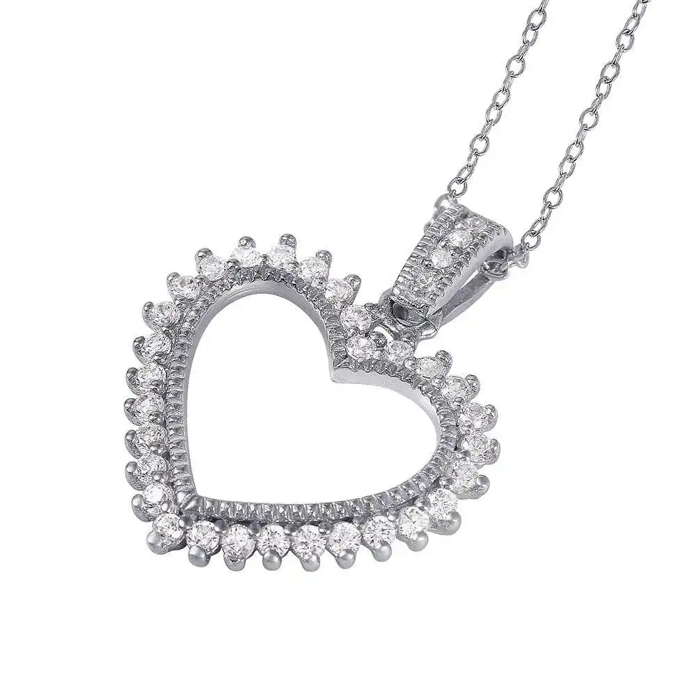 925 Sterling Silver Rhodium Plated Open Heart CZ Necklace