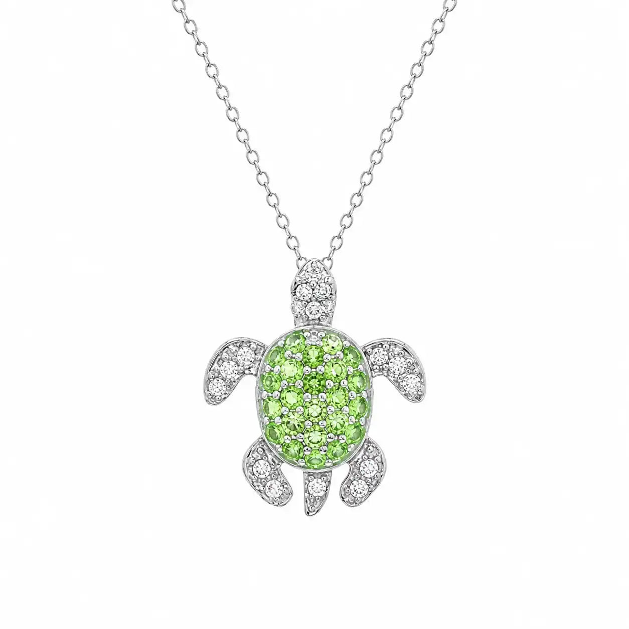 925 Sterling Silver Rhodium Plated Clear & Green CZ Turtle Pendant Necklace