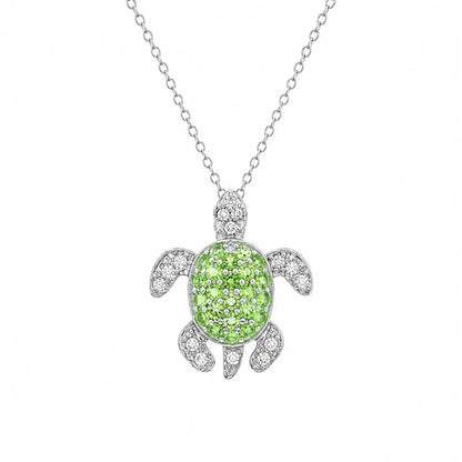 925 Sterling Silver Rhodium Plated Clear & Green CZ Turtle Pendant Necklace
